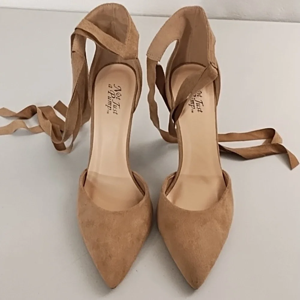 Not Just A Pump 7 Vegan Tan Suede High Heel Ankle Tie Boho Dress Shoe Jean Shoe